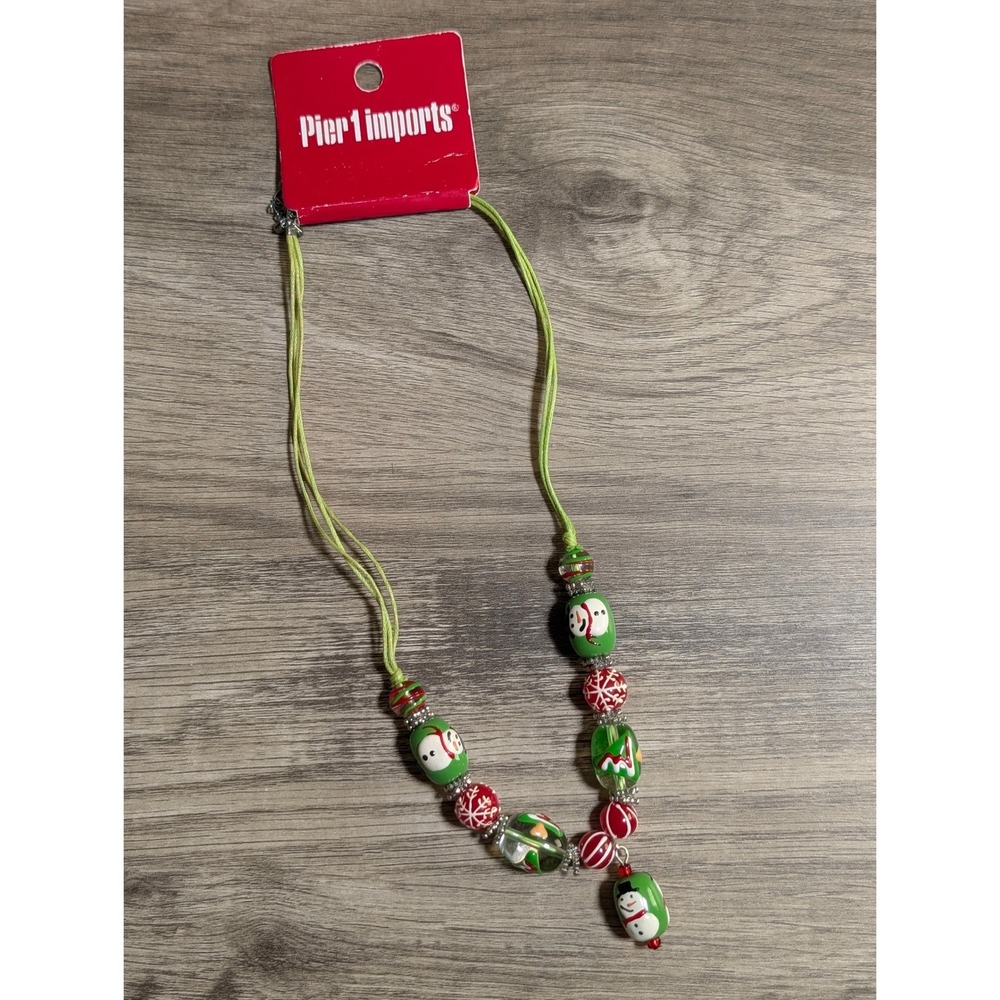 Pier 1 Imports Christmas Snowman Glass Bead Cord Necklace Green Red NWT